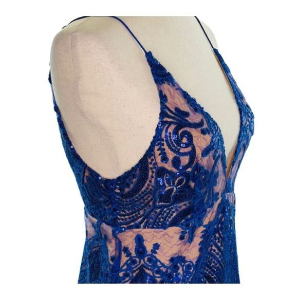 Free People Navy Blue Sequin Lace Nude Strappy Cocktail Fancy Slip Dress 4 NWT - Picture 4 of 14